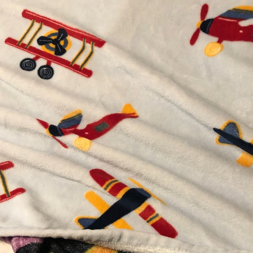 Airplane Print Fleece Throw Blanket - Red Yellow Navy on White